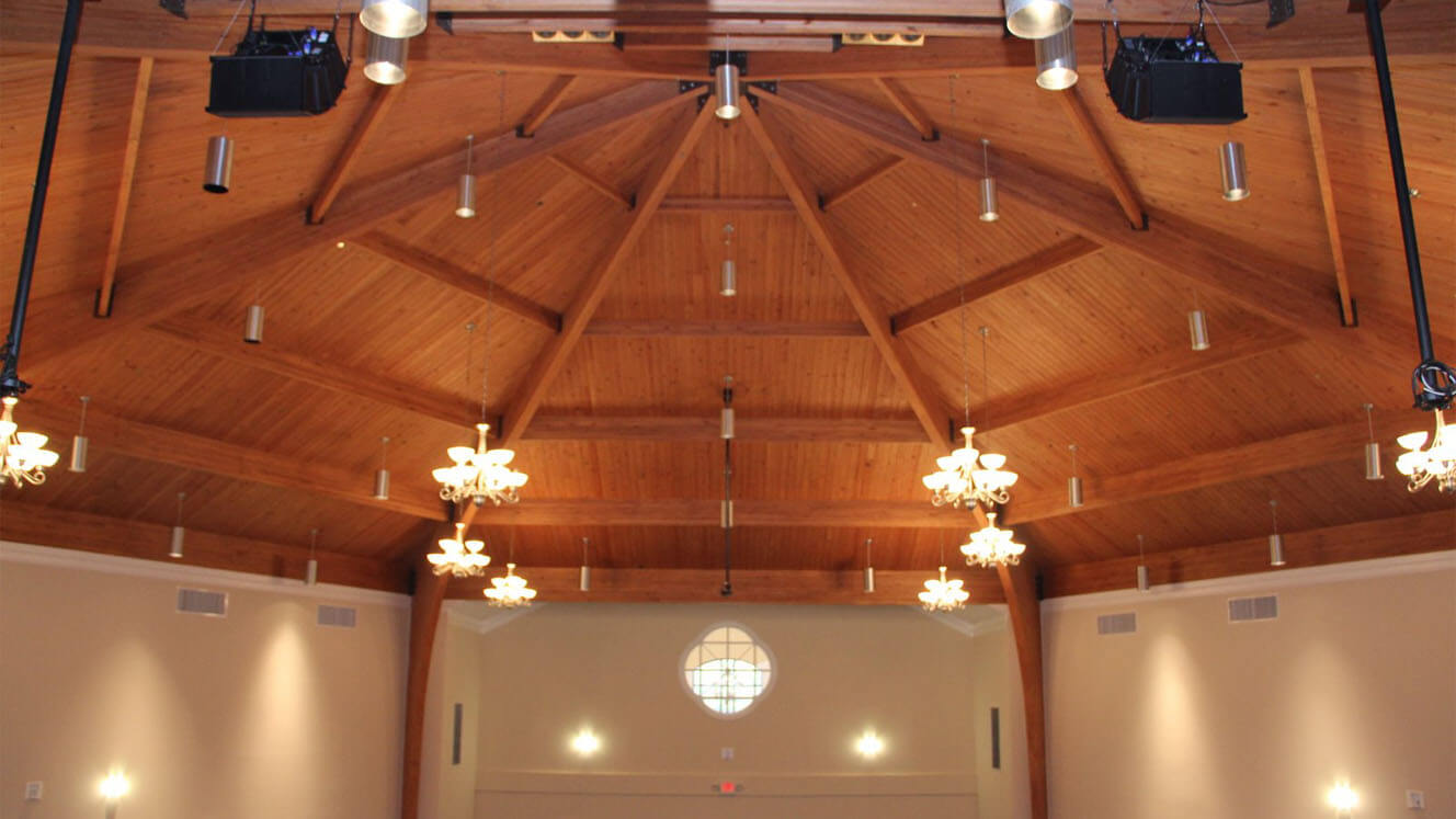 Church New Hope Wooden Beam Ceiling and Unique Window in Chapel